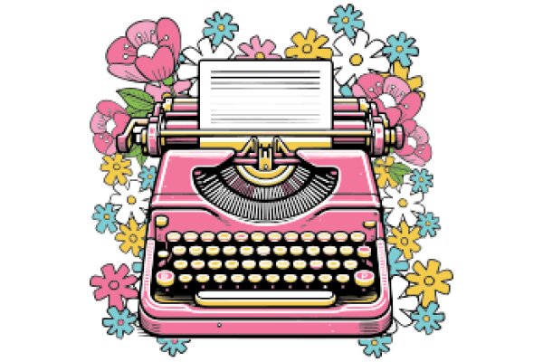 Vintage Typewriter Surrounded by Colorful Flowers