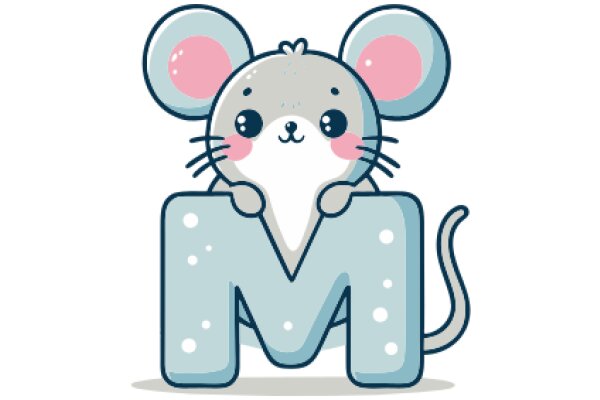 Adorable Cartoon Mouse with Pink Ears and Blue Body, Holding a Large Blue Letter 'M'.