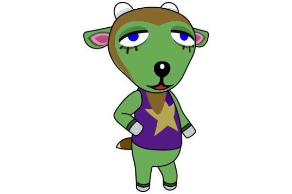 A Whimsical Cartoon of a Green Creature with a Purple Vest and a Star on Its Chest