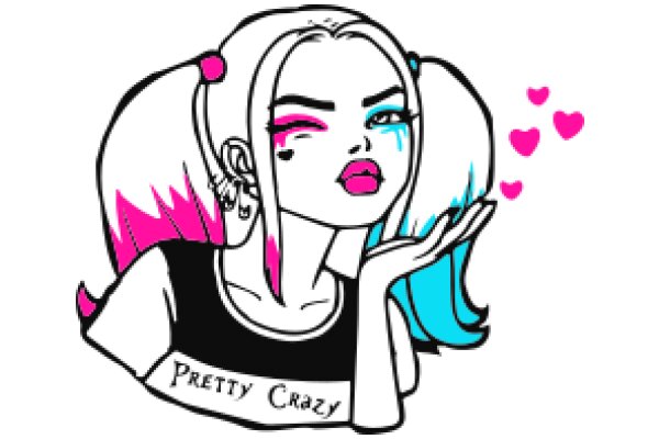 Pretty Crazy: A Stylized Portrait of a Character with Pink and Blue Hair and a Playful Expression, Surrounded by Pink Hearts and a Pink Lipstick.