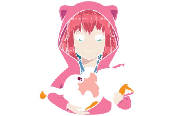 A Whimsical Scene: A Girl with a Pink Hoodie and a Fluffy White Creature