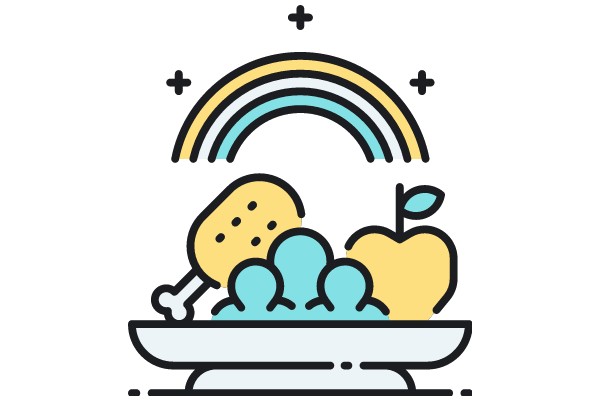 A Delightful Scene of a Rainbow-Filled Sky with a Bowl of Food and a Fruit Tree