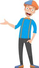 Stylish Cartoon Character: A Man in a Blue Shirt and Orange Hat, with Glasses and a Bowtie, Standing and Pointing with a Smile on His Face.