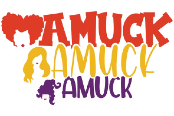 Vibrant and Colorful Typography Artwork: A Playful Display of the Words 'Amuck', 'Amuck', 'Amuck' and 'Amuck' with a Purple Hair Character