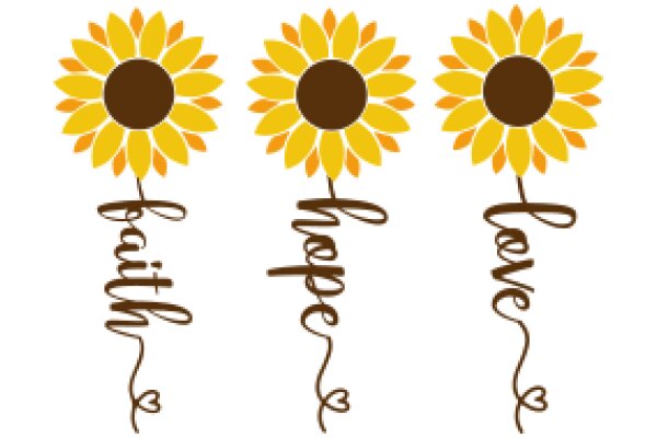 A Collection of Four Sunflowers with the Words 'Faith', 'Hope', and 'Love' in a Stylish Script
