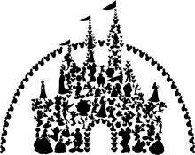 A Silhouette of a Castle and Its Surroundings, Filled with Various Characters and Objects