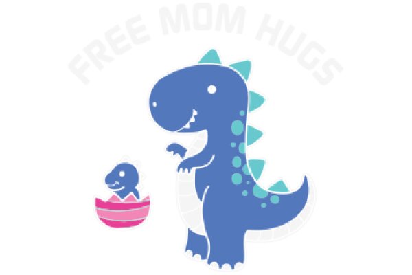 A Playful Scene of a Blue T-Rex and a Pink Egg, with the Words 'Free Mom Hugs' in the Background