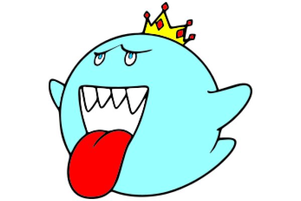 A Whimsical Cartoon of a Blue Ghost with a Red Tongue and a Crown, Expressing Surprise or Confusion.