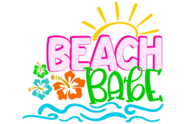 A Colorful Beach-Themed Logo with the Words 'Beach Babe' in Pink and Green Lettering