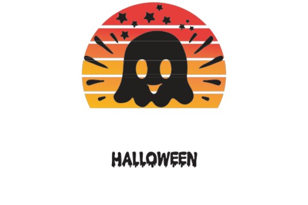 Halloween-themed logo with a ghost and a sunset background
