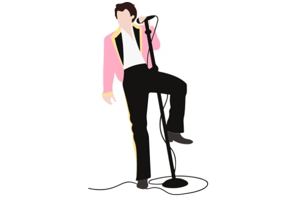 A Stylish Singer with a Pink Jacket and Black Pants, Standing on a Stage with a Microphone and a Cord