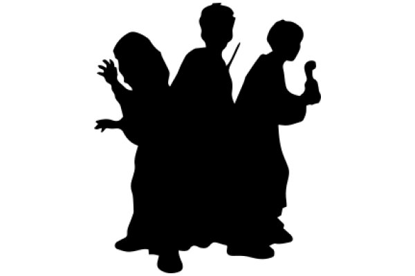 Silhouettes of Three People, Each Holding an Object, Against a White Background