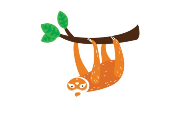 An Orange Sloth with a Green Leaf, Hanging from a Brown Branch