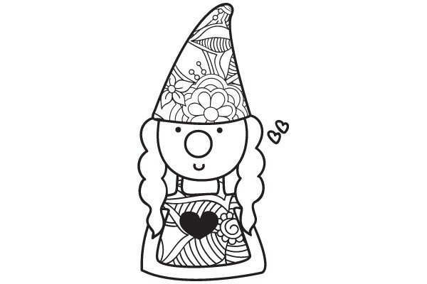 Zentangle Character with Festive Hat and Heart-Shaped Dress