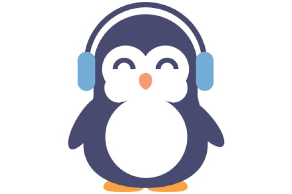 Stylized Penguin Icon with Headphones, Smiling and Waving