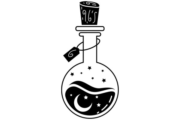 A Whimsical Illustration of a Corked Bottle with a Moon and Stars Inside, and a Cupcake on Top