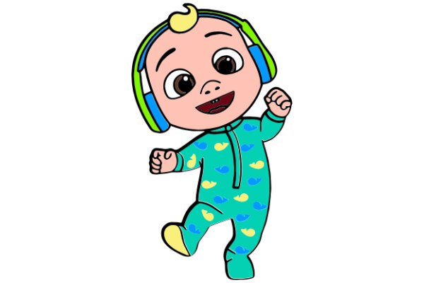 Vibrant and Cute Cartoon Baby in a Blue Onesie with Headphones, Pumping Fist in Excitement.