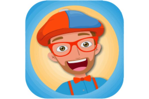 A Cartoon Character with a Blue Hat and Red Glasses, Embracing a Smile and a Bowtie, in a Blue Square Frame.