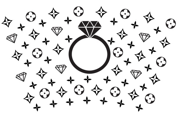 Elegant Diamond Ring with Surrounding Jewelry Symbols