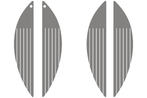 Two symmetrical, vertically oriented, feather-like objects with a hole at the top, featuring a gradient of gray lines creating a textured appearance.