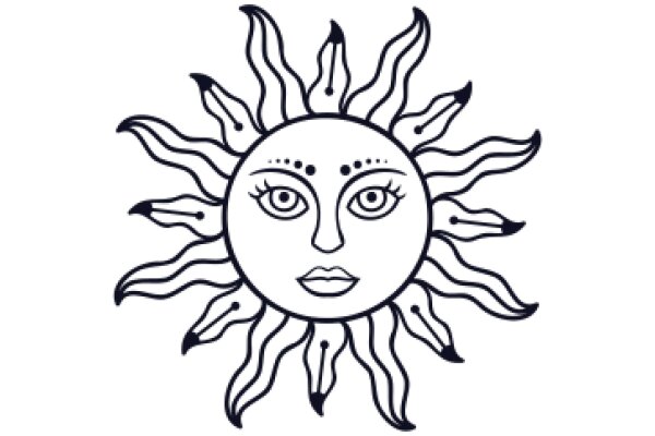 Stylized Sun with Rays and Eyes, Line Art