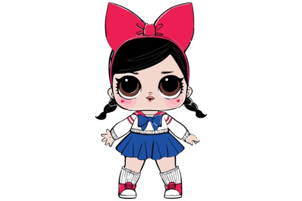 Adorable Anime-Style Character with a Pink Bow and Blue Skirt