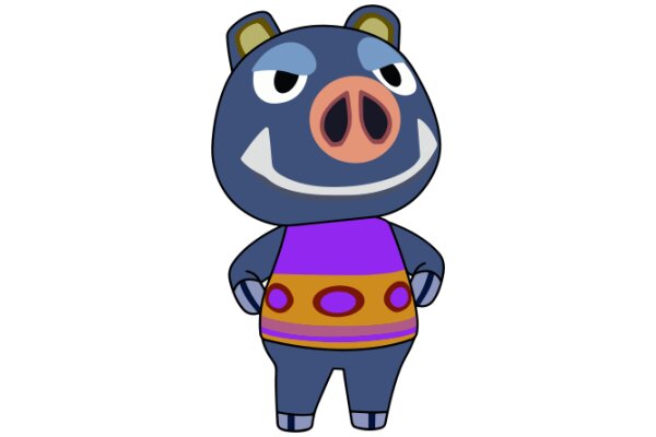 A Whimsical Cartoon Character: A Blue Pig with a Pink Nose and Purple Shirt
