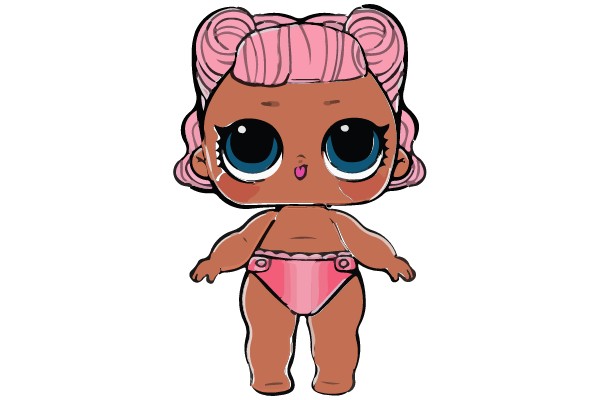 A whimsical, hand-drawn illustration of a fantastical creature with large eyes and pink hair.