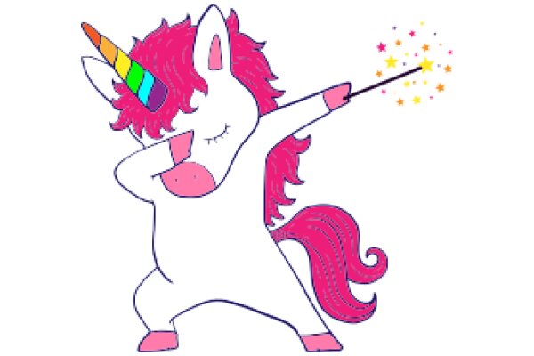 A Whimsical Scene of a Pink Unicorn with a Colorful Mane and Tail, Casting a Spell with a Wand