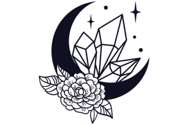 Moonlit Garden: AFlower and Crystals under a Crescent Moon