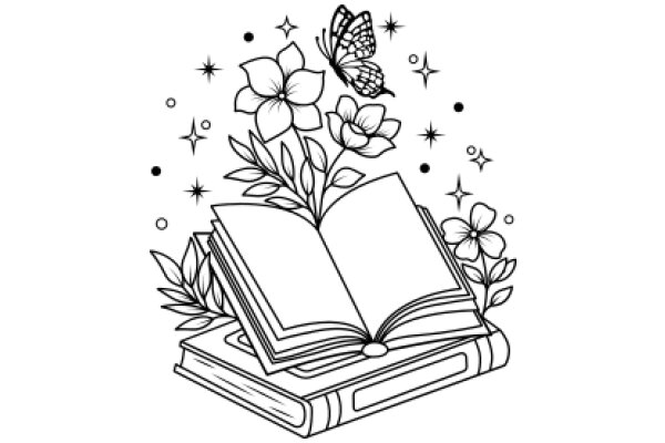 A Whimsical Illustration of a Book with a Flower and a Butterfly