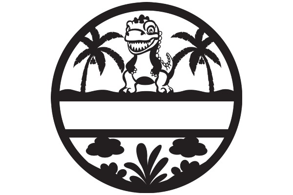 A Playful Tropical Scene with a Dinosaur and Palm Trees