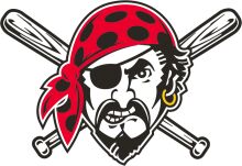 Pirate-themed logo with a baseball bat and a red pirate hat, featuring a stylized pirate face with a red scarf and a gold earring.