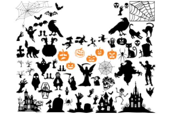 A Halloween-themed collection of black and white silhouettes, including spooky creatures, witches, ghosts, and iconic Halloween symbols.