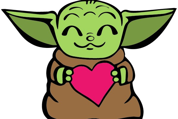 A Cute Cartoon of a Green Ewok Holding a Pink Heart