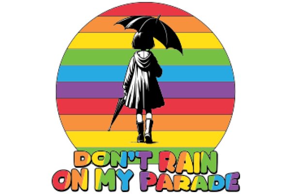 A Colorful Journey: A Silhouette of a Person with an Umbrella Amidst a Rainbow Backdrop, Encouraging Positivity with the Message 'Don't Rain on My Parade'.