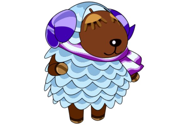 A Whimsical Character: A Purple and Blue Creature with a Brown Nose and a Purple Scarf