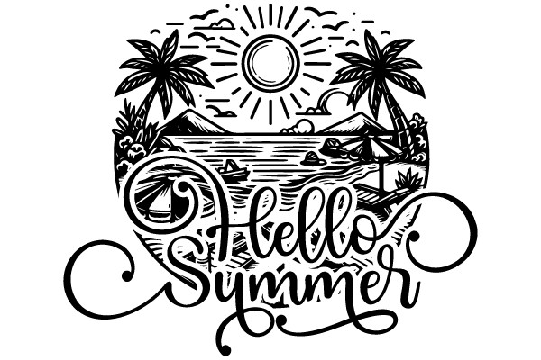 Welcome to Summer: A Vintage Illustration of a Sunny Beach Scene with the Words 'Hello Summer' in a Stylized Font
