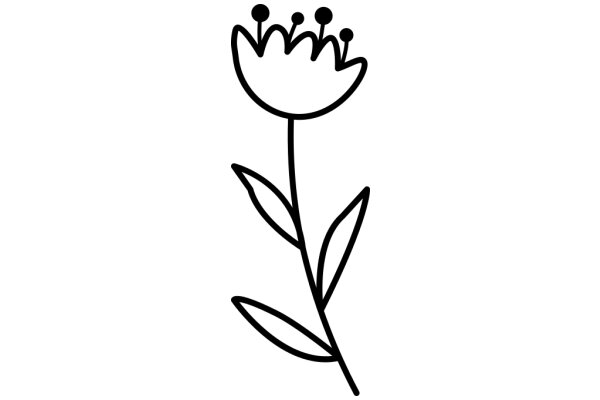 Simplistic Line Drawing of a Flower with Six Petals and Three Leaves