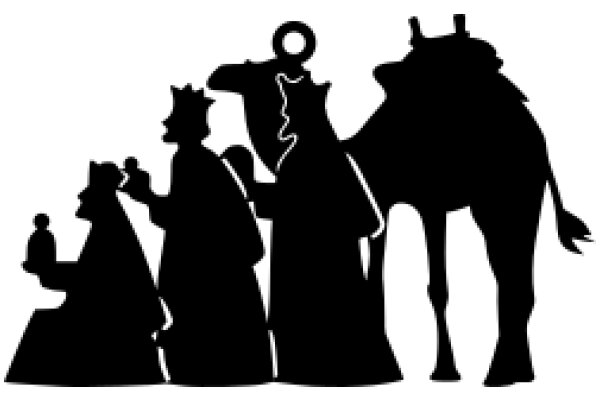 A Silhouette of a Family and a Horse, Standing Together in a Stylized Artwork