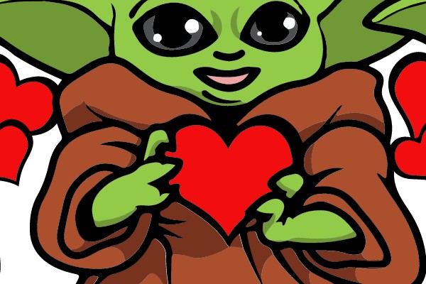 Green Character Embracing Red Heart, Surrounded by Red Hearts