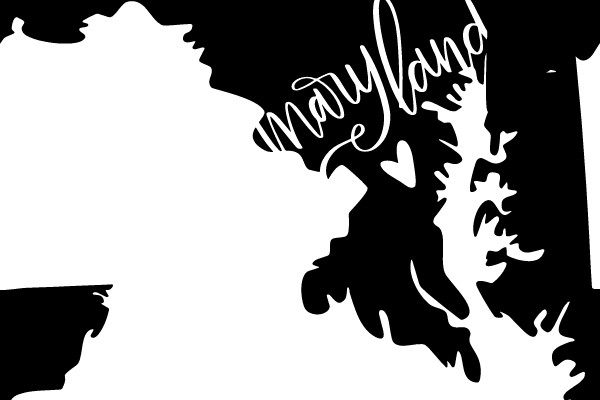 Maryland State Outline with 'Maryland' Text and Heart Design