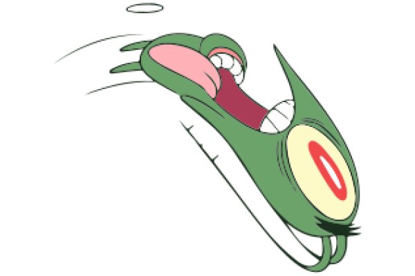 An animated adventure: A green creature with a pink tongue and a red eye, caught in a moment of surprise or excitement.