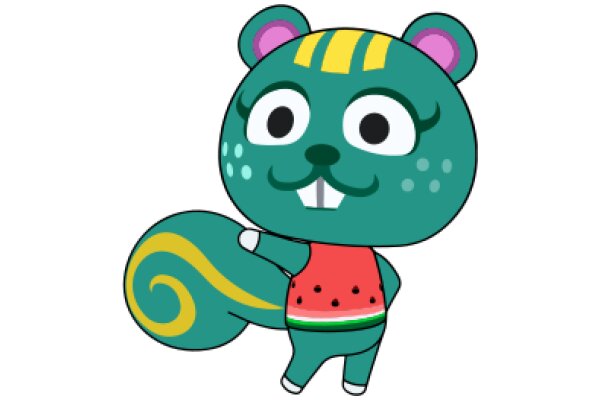 A Cute Cartoon Character: A Blue Squirrel with a Watermelon Shirt and a Mustache!