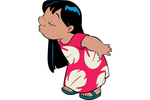 A Whimsical Illustration of a Girl in a Pink Dress with Flower Patterns and Blue Flip Flops