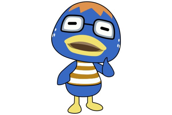 A Blue Bird with a Yellow Beak and Glasses, Standing on a White Background.