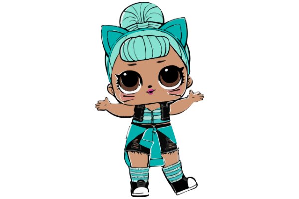 Stylish Anime Character: A Teal-Haired Girl with a Blue Cat Ear and a Pink Lipstick
