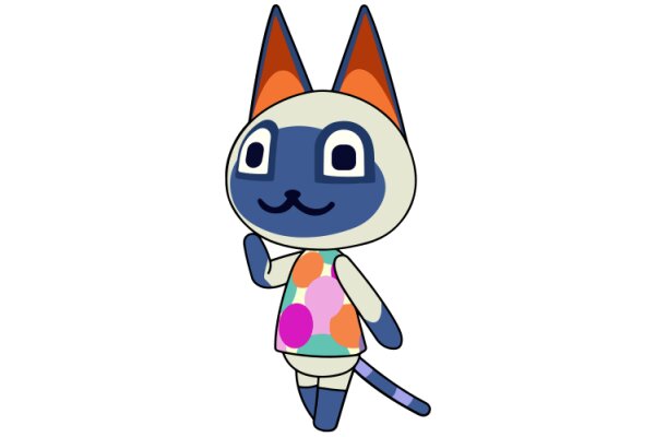 A Friendly Feline Character: A Blue and Orange Cat with a Colorful Shirt and a Smile
