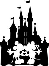 A Silhouette of a Castle and Characters from Disney's 'Mickey Mouse' in Black and White