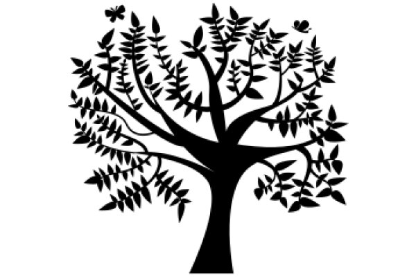 Silhouette of a Tree with Leaves and a Butterfly